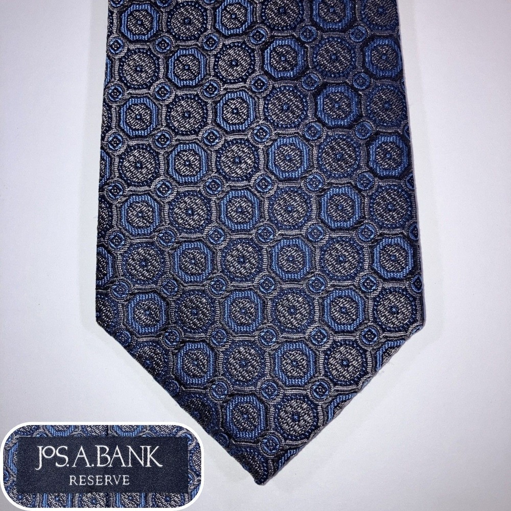 Jos A Bank Reserve Mens Silk Tie Navy Blue Gray Geometric Medallion Necktie